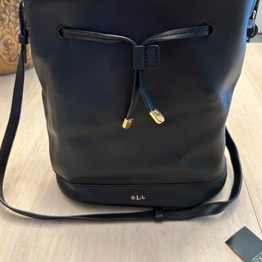 Black Leather Ralph Lauren Women's bucket style Bag with wallet
